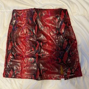 Red leather snakeskin print skirt